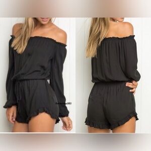 Brandy Melville Gabriella Black Off The Shoulder Ruffle Hem Romper